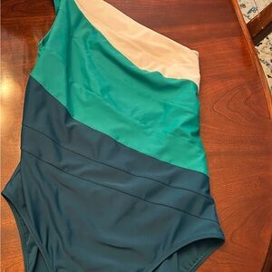 Green and white- Asymmetrical One-Piece Swimsuit